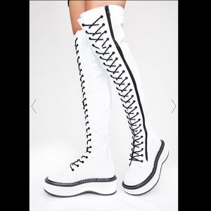 Demonia White Knee high lace up boots NWT